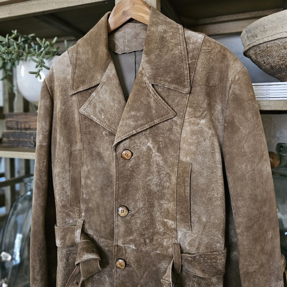 Vintage 70s Handmade Buckskin Suede Trench Coat Natural Undyed Leather Unisex - Picture 3 of 8